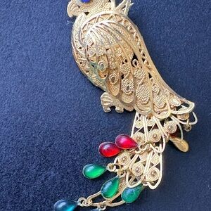 Vintage Gold Parrot Brooch / Pendant with Red and Green Accents